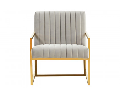 LeisureMod Montgomery Velvet Pinstripe Design Accent Armchair with Gold Frame - Light Gray