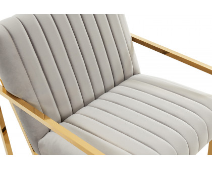 LeisureMod Montgomery Velvet Pinstripe Design Accent Armchair with Gold Frame - Light Gray