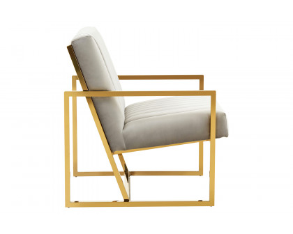 LeisureMod Montgomery Velvet Pinstripe Design Accent Armchair with Gold Frame - Light Gray