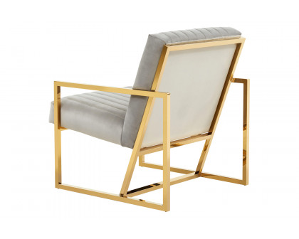 LeisureMod Montgomery Velvet Pinstripe Design Accent Armchair with Gold Frame - Light Gray