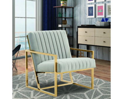 LeisureMod Montgomery Velvet Pinstripe Design Accent Armchair with Gold Frame - Light Gray