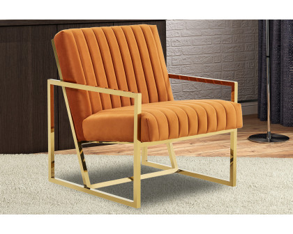 LeisureMod Montgomery Velvet Pinstripe Design Accent Armchair with Gold Frame - Orange/Marmalade