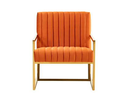 LeisureMod Montgomery Velvet Pinstripe Design Accent Armchair with Gold Frame - Orange/Marmalade