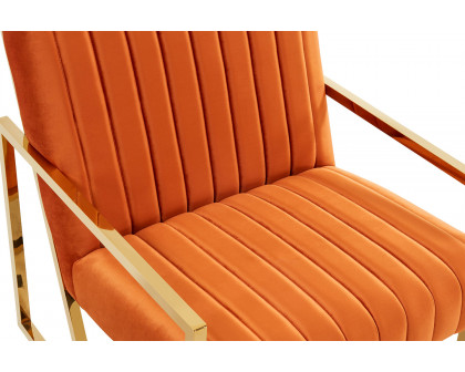 LeisureMod Montgomery Velvet Pinstripe Design Accent Armchair with Gold Frame - Orange/Marmalade