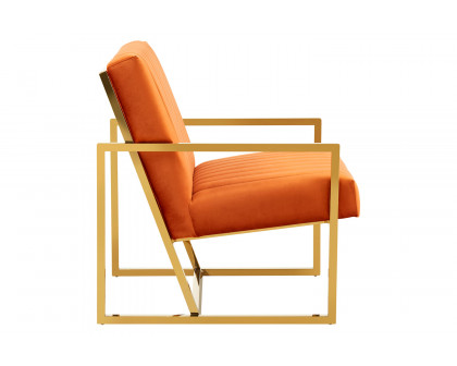 LeisureMod Montgomery Velvet Pinstripe Design Accent Armchair with Gold Frame - Orange/Marmalade