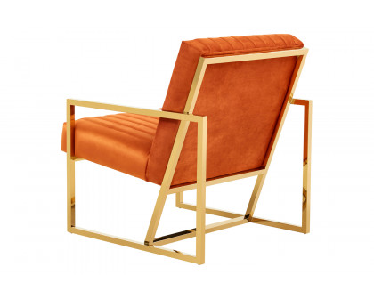 LeisureMod Montgomery Velvet Pinstripe Design Accent Armchair with Gold Frame - Orange/Marmalade