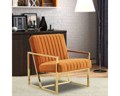 LeisureMod Montgomery Velvet Pinstripe Design Accent Armchair with Gold Frame - Orange/Marmalade