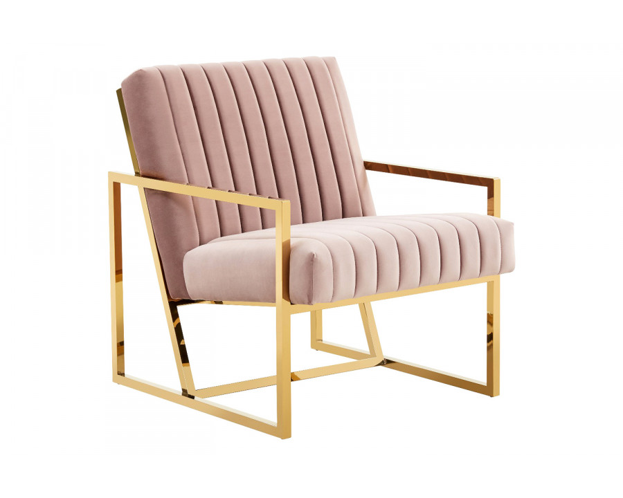 LeisureMod Montgomery Velvet Pinstripe Design Accent Armchair with Gold Frame - Pink