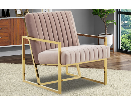 LeisureMod Montgomery Velvet Pinstripe Design Accent Armchair with Gold Frame - Pink