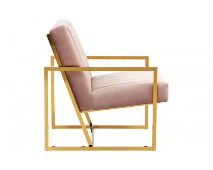 LeisureMod Montgomery Velvet Pinstripe Design Accent Armchair with Gold Frame - Pink