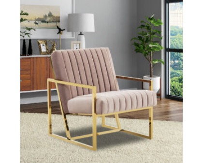 LeisureMod Montgomery Velvet Pinstripe Design Accent Armchair with Gold Frame - Pink