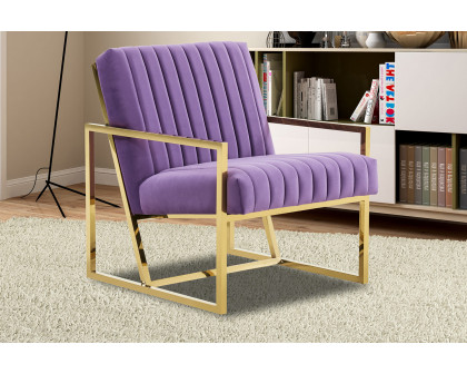 LeisureMod Montgomery Velvet Pinstripe Design Accent Armchair with Gold Frame - Purple