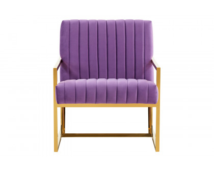 LeisureMod Montgomery Velvet Pinstripe Design Accent Armchair with Gold Frame - Purple