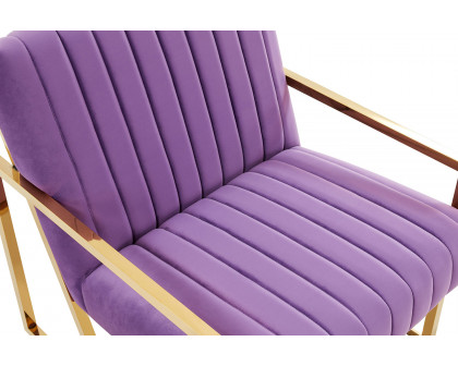 LeisureMod Montgomery Velvet Pinstripe Design Accent Armchair with Gold Frame - Purple