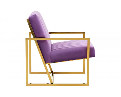 LeisureMod Montgomery Velvet Pinstripe Design Accent Armchair with Gold Frame - Purple