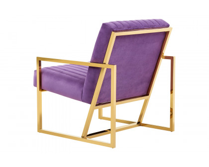 LeisureMod Montgomery Velvet Pinstripe Design Accent Armchair with Gold Frame - Purple