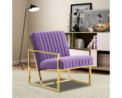 LeisureMod Montgomery Velvet Pinstripe Design Accent Armchair with Gold Frame - Purple