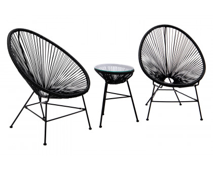 LeisureMod Montara 3 Piece Outdoor Lounge Patio Chairs with Glass Top Table - Black