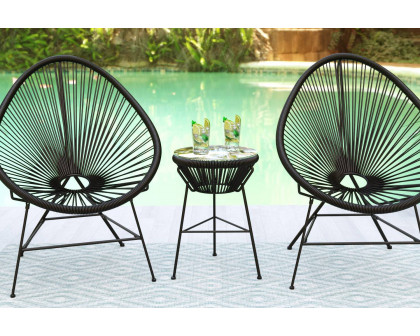 LeisureMod Montara 3 Piece Outdoor Lounge Patio Chairs with Glass Top Table - Black