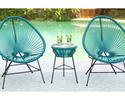 LeisureMod Montara 3 Piece Outdoor Lounge Patio Chairs with Glass Top Table - Blue