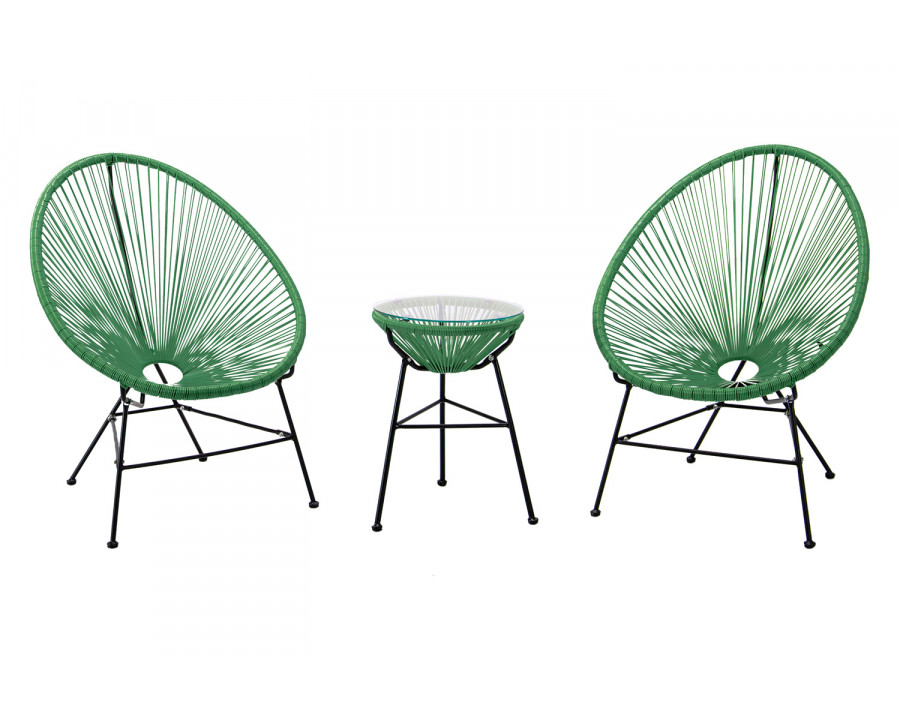 LeisureMod Montara 3 Piece Outdoor Lounge Patio Chairs with Glass Top Table - Dark Green