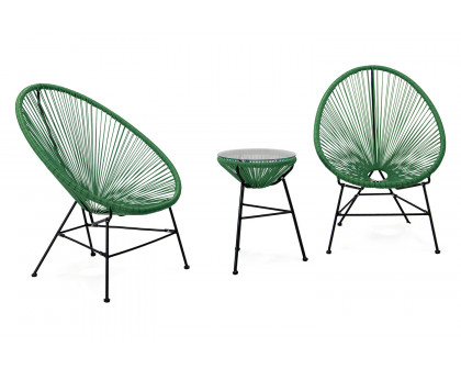 LeisureMod Montara 3 Piece Outdoor Lounge Patio Chairs with Glass Top Table - Dark Green