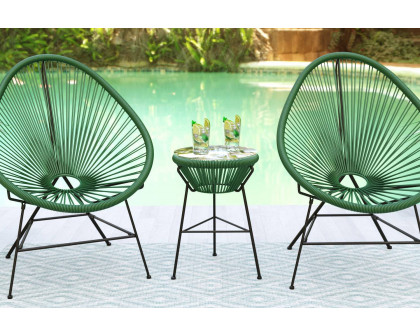 LeisureMod Montara 3 Piece Outdoor Lounge Patio Chairs with Glass Top Table - Dark Green