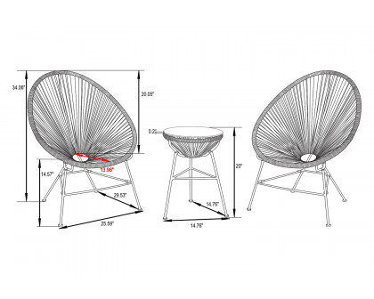 LeisureMod Montara 3 Piece Outdoor Lounge Patio Chairs with Glass Top Table - Gray