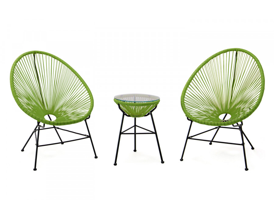 LeisureMod Montara 3 Piece Outdoor Lounge Patio Chairs with Glass Top Table - Light Green