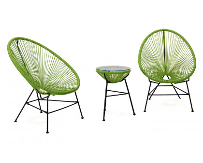 LeisureMod Montara 3 Piece Outdoor Lounge Patio Chairs with Glass Top Table - Light Green