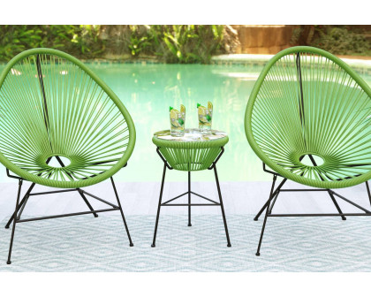 LeisureMod Montara 3 Piece Outdoor Lounge Patio Chairs with Glass Top Table - Light Green