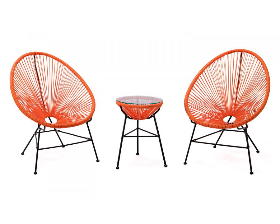 LeisureMod Montara 3 Piece Outdoor Lounge Patio Chairs with Glass Top Table - Orange