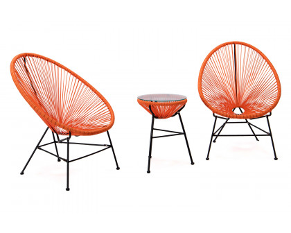 LeisureMod Montara 3 Piece Outdoor Lounge Patio Chairs with Glass Top Table - Orange