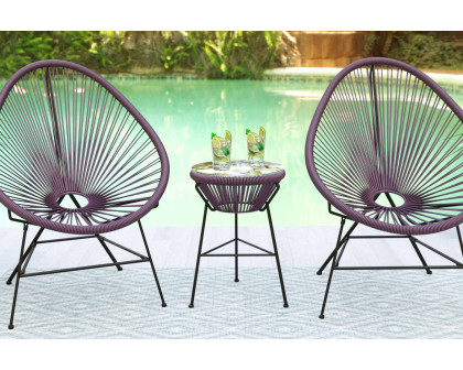 LeisureMod Montara 3 Piece Outdoor Lounge Patio Chairs with Glass Top Table - Purple