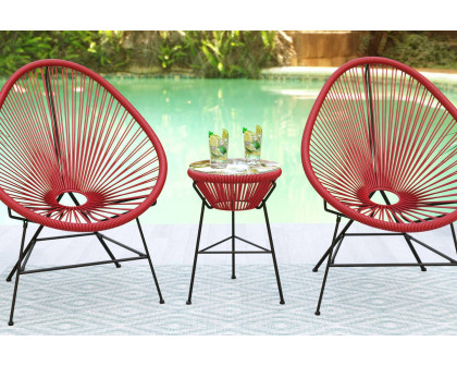 LeisureMod Montara 3 Piece Outdoor Lounge Patio Chairs with Glass Top Table - Red