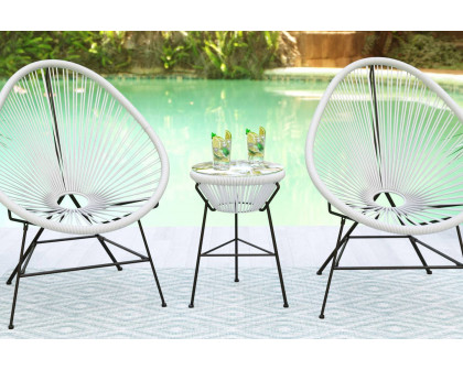 LeisureMod Montara 3 Piece Outdoor Lounge Patio Chairs with Glass Top Table - White