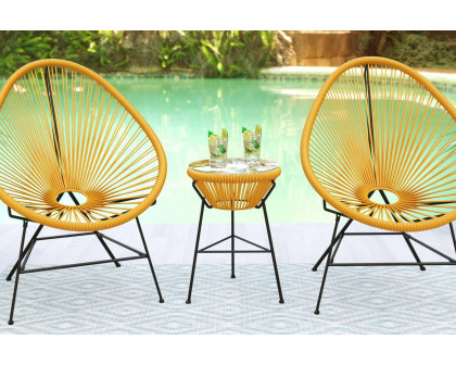 LeisureMod Montara 3 Piece Outdoor Lounge Patio Chairs with Glass Top Table - Yellow