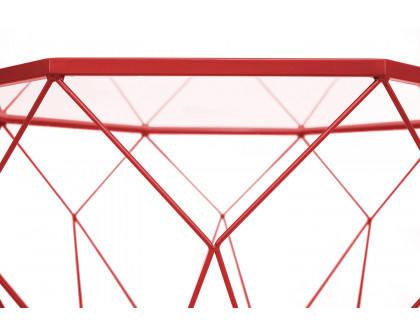 LeisureMod Malibu Modern Octagon Glass Top Coffee Table/End Table with Gold Metal Base - Red