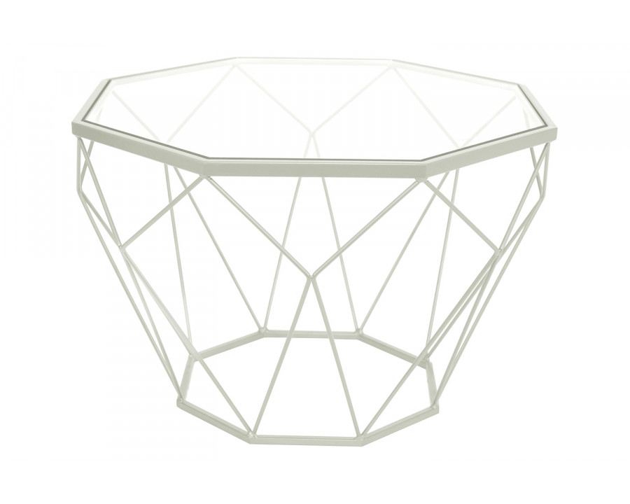 LeisureMod Malibu Modern Octagon Glass Top Coffee Table/End Table with Gold Metal Base - White