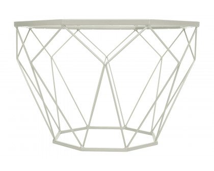 LeisureMod Malibu Modern Octagon Glass Top Coffee Table/End Table with Gold Metal Base - White