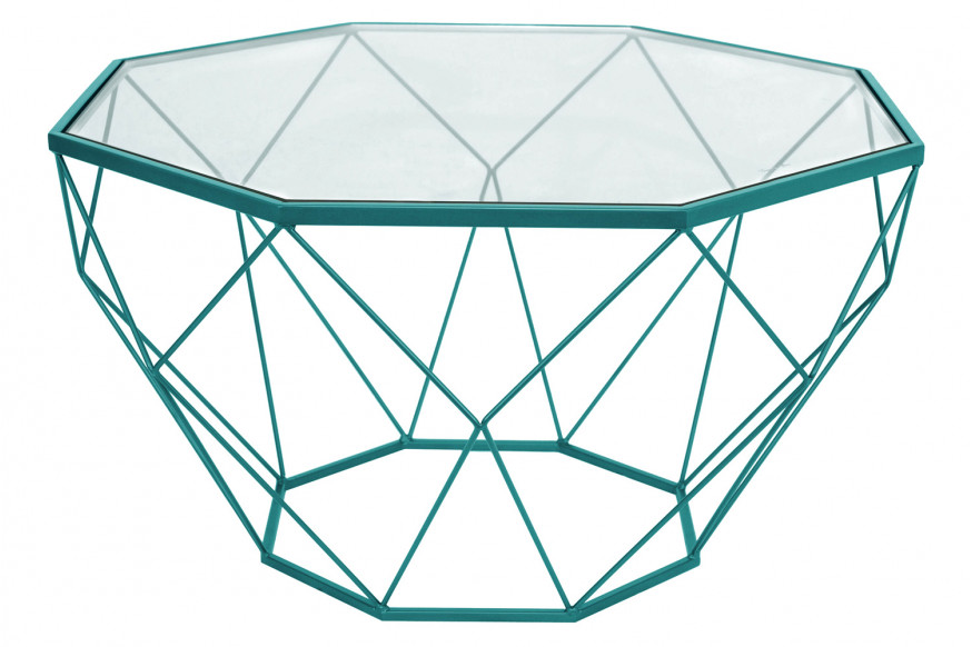 LeisureMod™ Malibu Modern Octagon Glass Top Coffee Table with Gold Metal Base - Blue