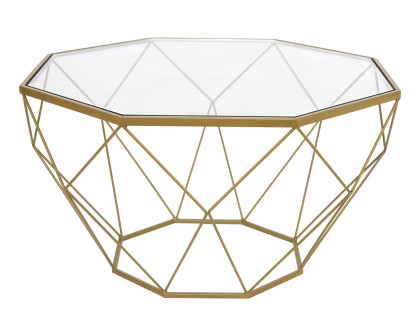 LeisureMod Malibu Modern Octagon Glass Top Coffee Table with Gold Metal Base