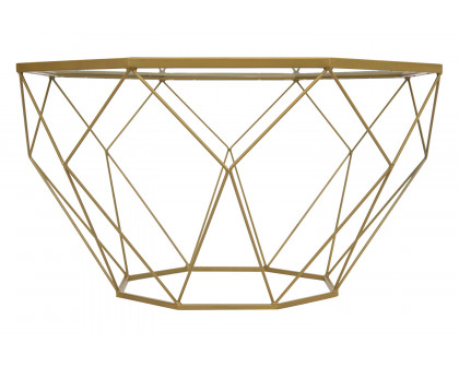 LeisureMod Malibu Modern Octagon Glass Top Coffee Table with Gold Metal Base - Gold