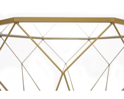 LeisureMod Malibu Modern Octagon Glass Top Coffee Table with Gold Metal Base - Gold