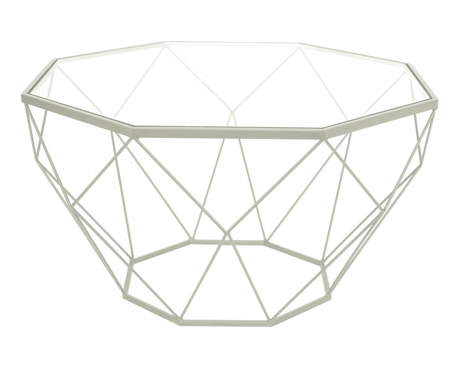 LeisureMod Malibu Modern Octagon Glass Top Coffee Table with Gold Metal Base - White