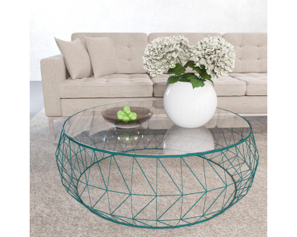 LeisureMod Malibu Modern Round Glass Top Coffee Table With Chrome Base - Blue