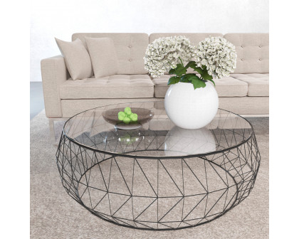 LeisureMod Malibu Modern Round Glass Top Coffee Table With Chrome Base - Black