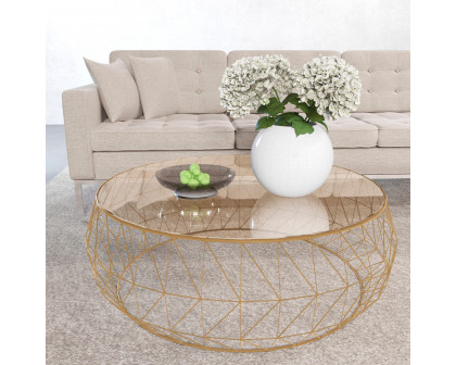 LeisureMod Malibu Modern Round Glass Top Coffee Table With Chrome Base - Gold