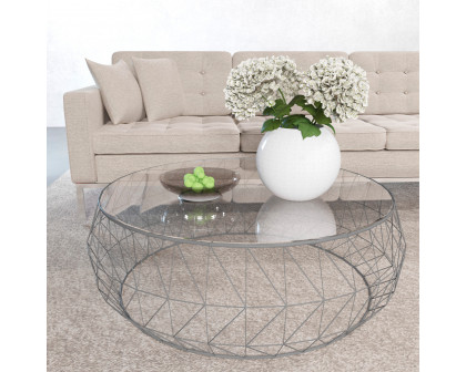 LeisureMod Malibu Modern Round Glass Top Coffee Table With Chrome Base