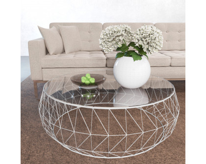 LeisureMod Malibu Modern Round Glass Top Coffee Table With Chrome Base - White